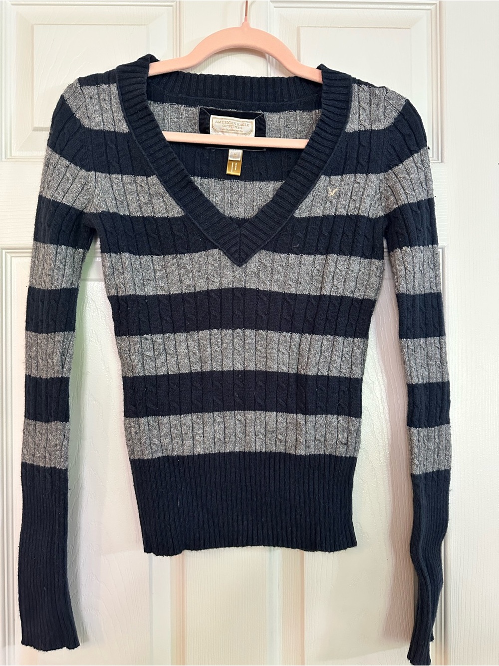 American Eagle Outfitters Striped V-Neck Sweater - Navy and Gray
